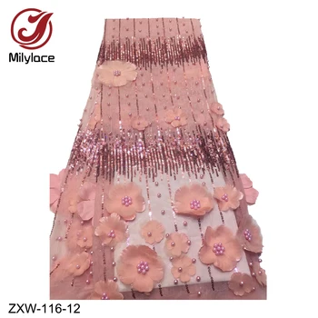 

Milylace Romantic French lace fabric 5 yard beading flower tulle mesh lace fabric with sequins for party wedding dresses ZXW-116
