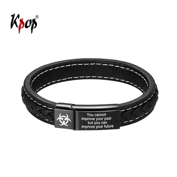 

Kpop Black Genuine Leather Leather Bracelet Customize Engrave Jewelry Stainless Steel Personalied Bracelets for Men H2496