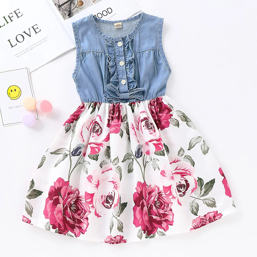 

Toddler Kid Baby Girl Sleeveless Denim Floral Printed Princess Dress Clothes Baby Girl Summer Dress