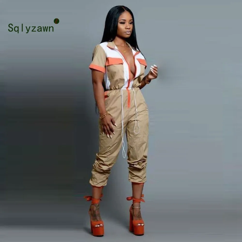 

Sexy Bodysuit Rompers Womens Jumpsuit Short Sleeve Zippers Drawstring Contrast Color One Piece Overalls Combinaison Femme S-XL