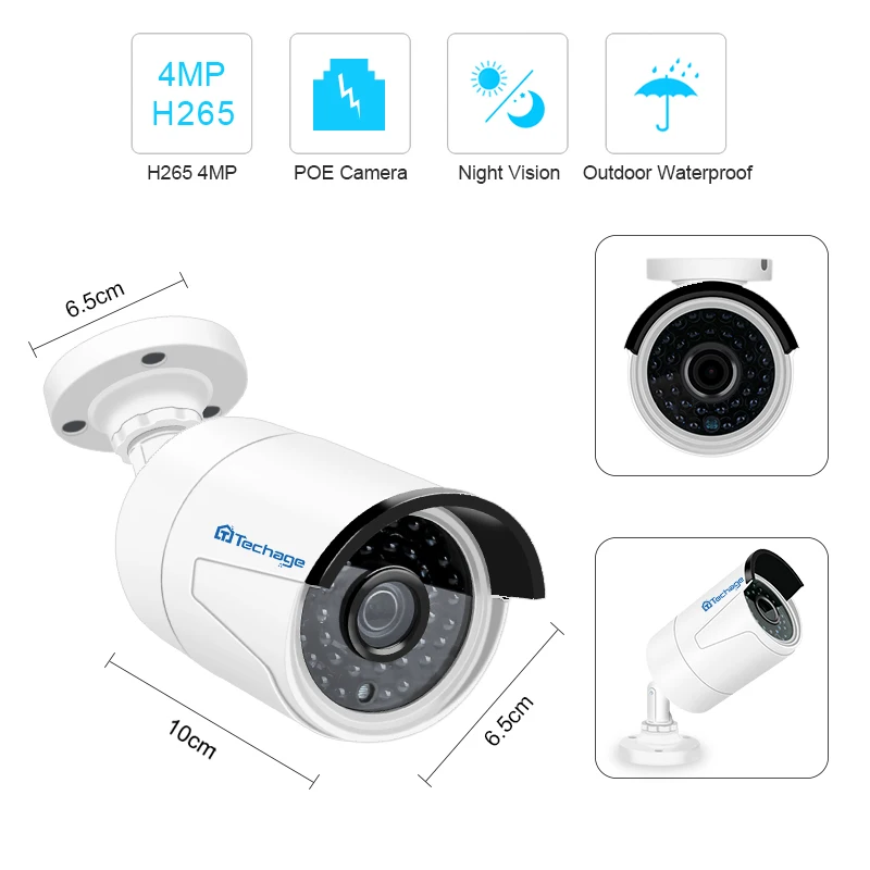 Techage H.265 4MP HD 48V POE IP Camera Outdoor Waterproof Infrared Night Vision ONVIF CCTV Security - 32711905500