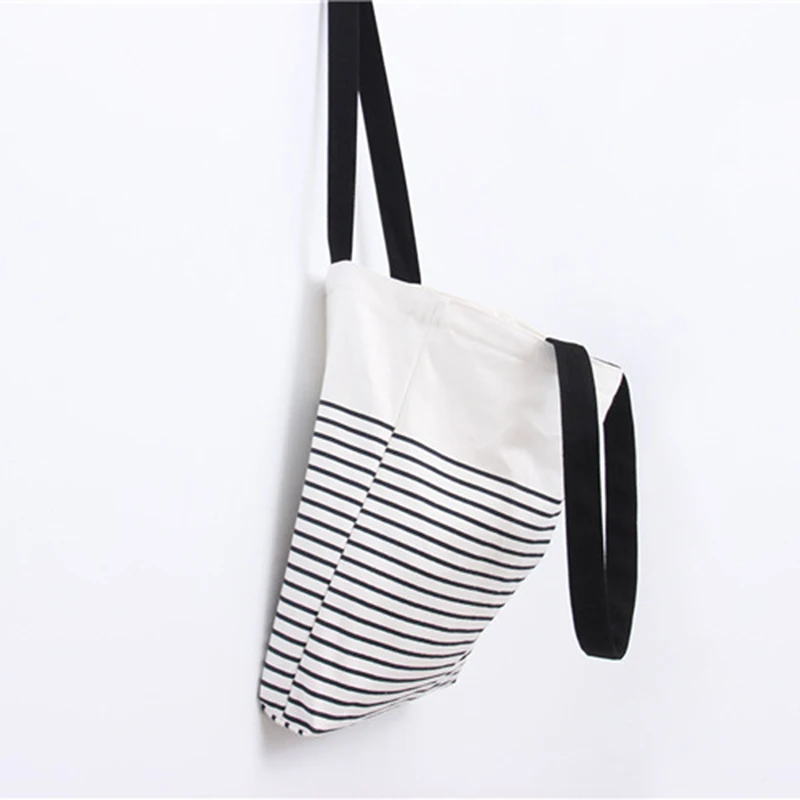 Cotton Stripe Canvas Shopping Tote Shoulder Carrying Bag Eco Reusable Bag Zippered Small Shopping Bag Cotton Stripe Canvas Shopping Tote Shoulder Carrying Bag Eco Reusable Bag Zippered Small Shopping Bag
