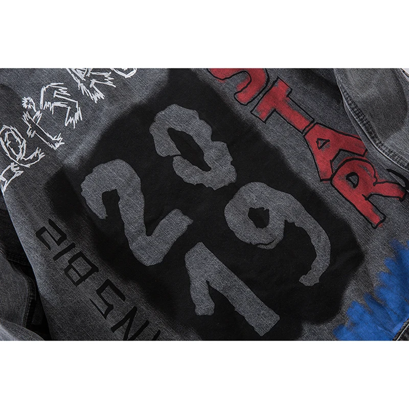 Hip-hop Denim Jacket Men Streetwear Men's Vintage Hole Jackets 2019 Graffiti Print Loose Jeans Jacket Men Spring Autumn