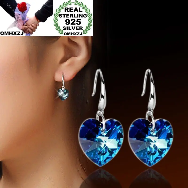 

OMHXZJ Wholesale European Fashion Woman Girl Party Wedding Gift Heart Blue AAA Zircon 925 Sterling Silver Drop Earrings EA339