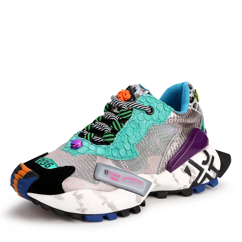

Graffiti Genuine Leather women sneakers 2019 Spring fashion Soft Mixed colors Breathable platform sneakers casual Dad Sneakers