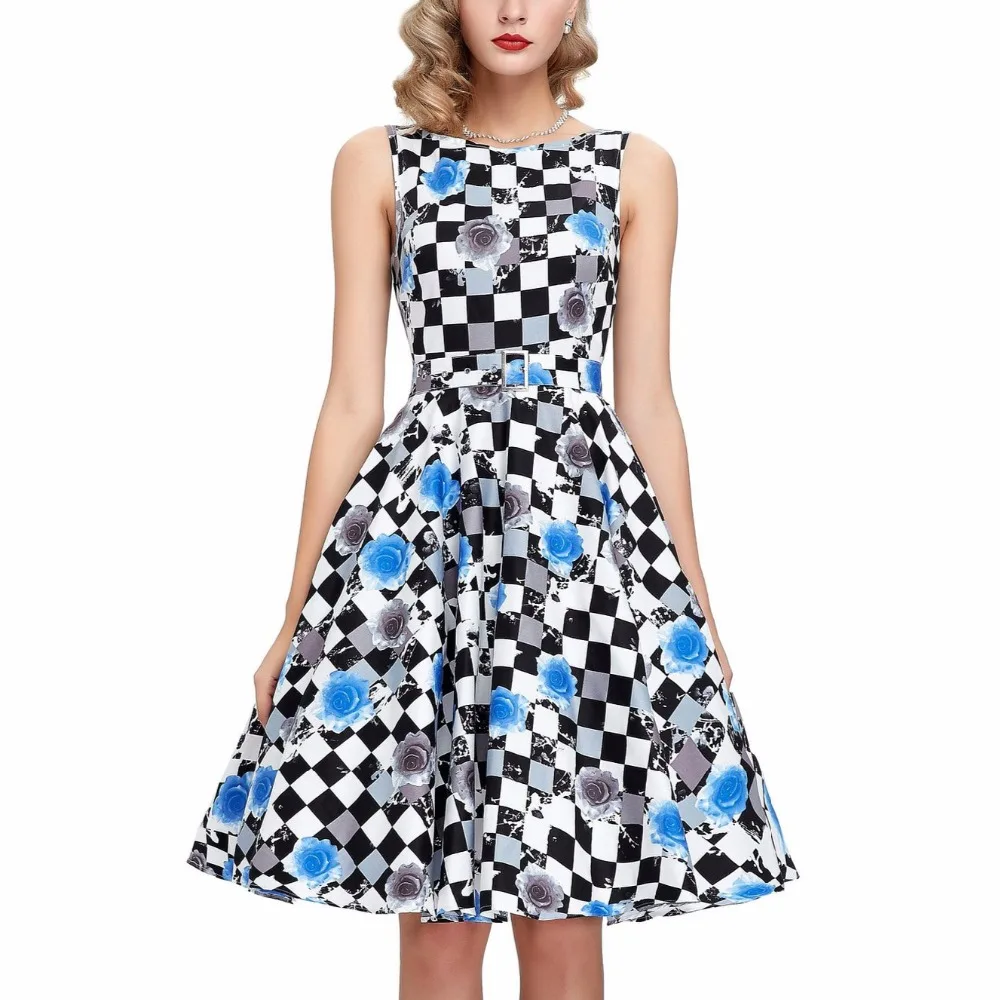 Audrey Hepburn vintage O neck sleeveless print cotton dress robe