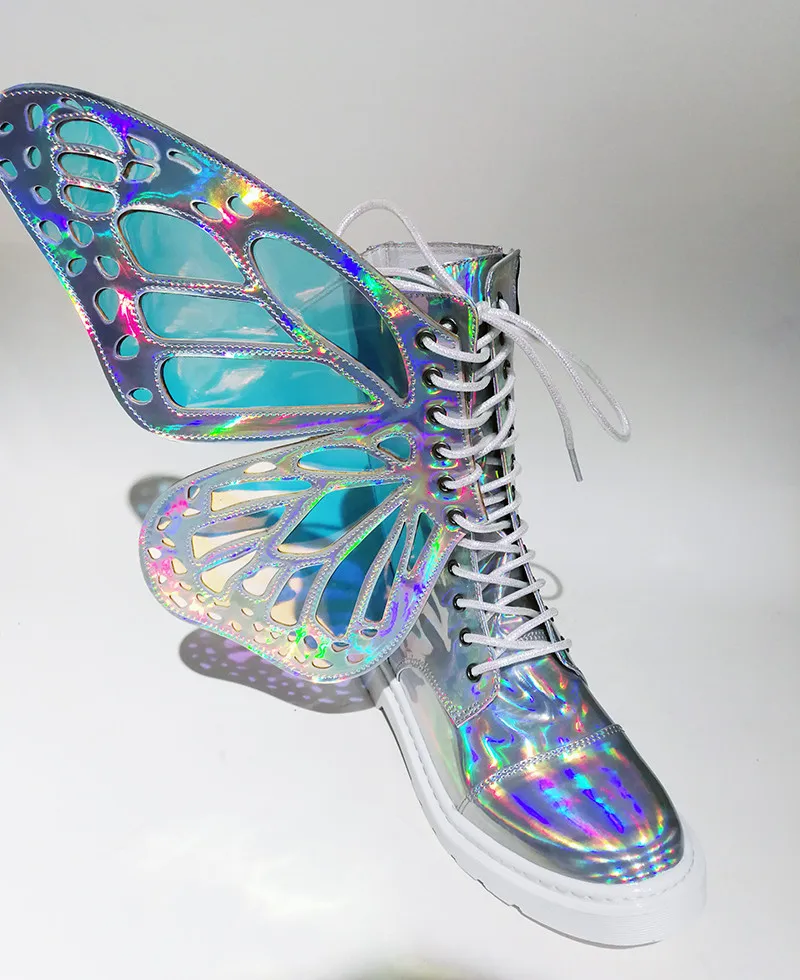 Mcacchi/женские блестящие полусапожки серебристого цвета г. Женские кроссовки с крылышками, украшенные бабочками, разноцветная Обувь На Шнуровке женская обувь на высоком каблуке