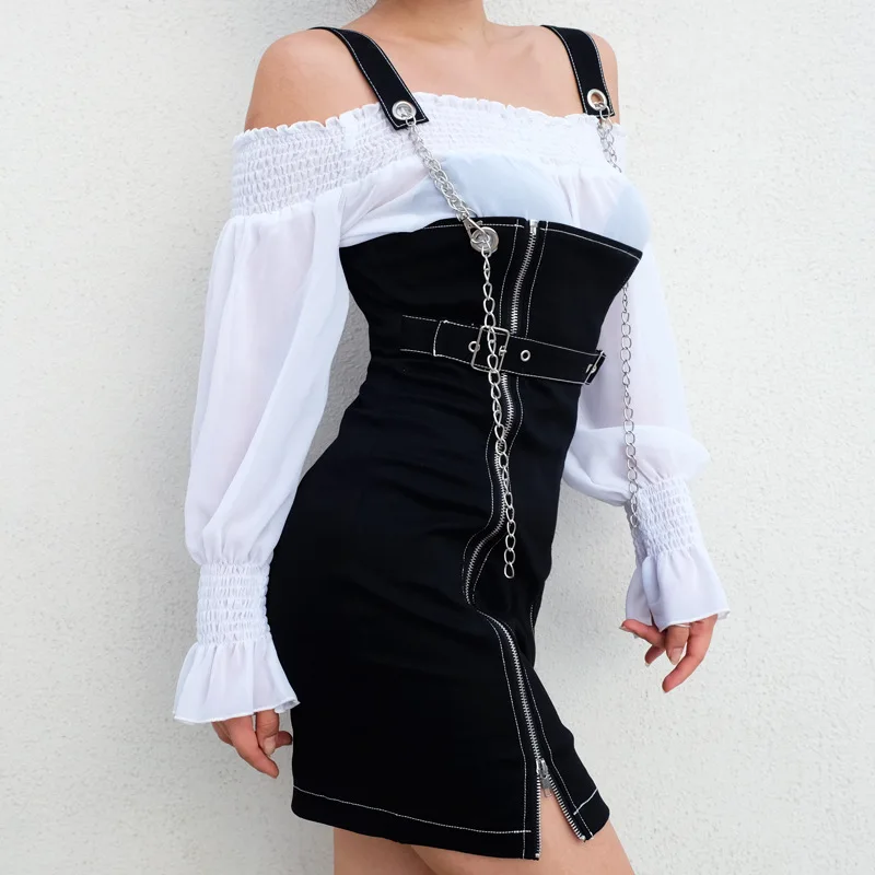 Сексапильное мини-платье на молнии с металлической цепочкой и ремнем, вечерние осенние черные облегающие платья в стиле панк, осенняя уличная одежда Z162