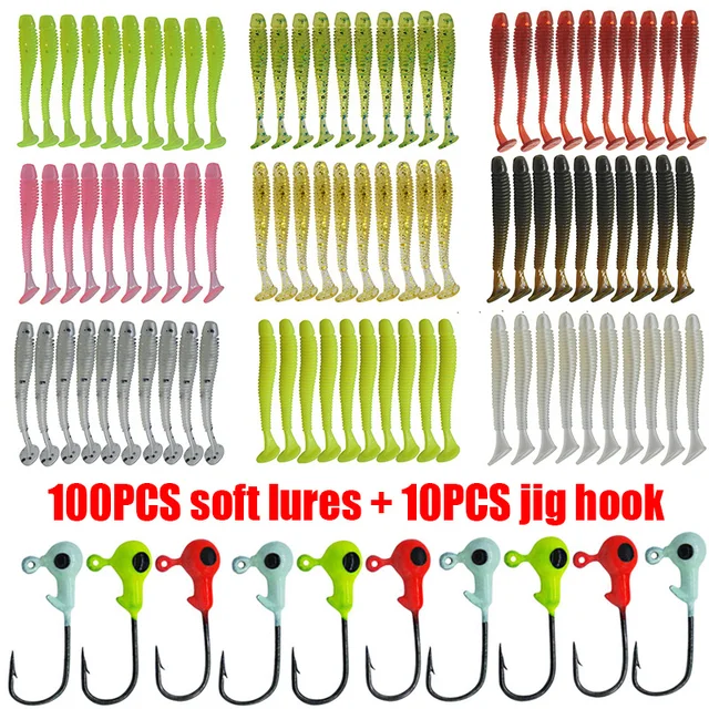 US $7.87 110Pcs/lot jig hook Fishing Lures Kit T tail Wobblers Artificial Silicone Soft Bait 10 Color Carp B