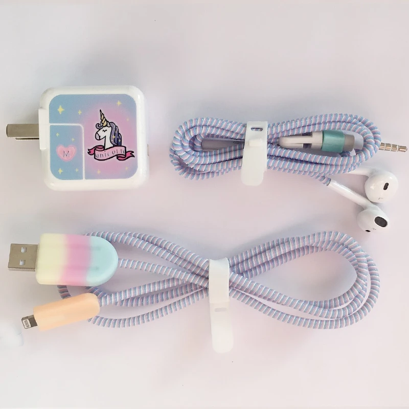 Кабель намотки мультфильм USB протектор для кабеля передачи данных набор с наклейки для зарядного устройства Спиральный шнур протектор для ipad