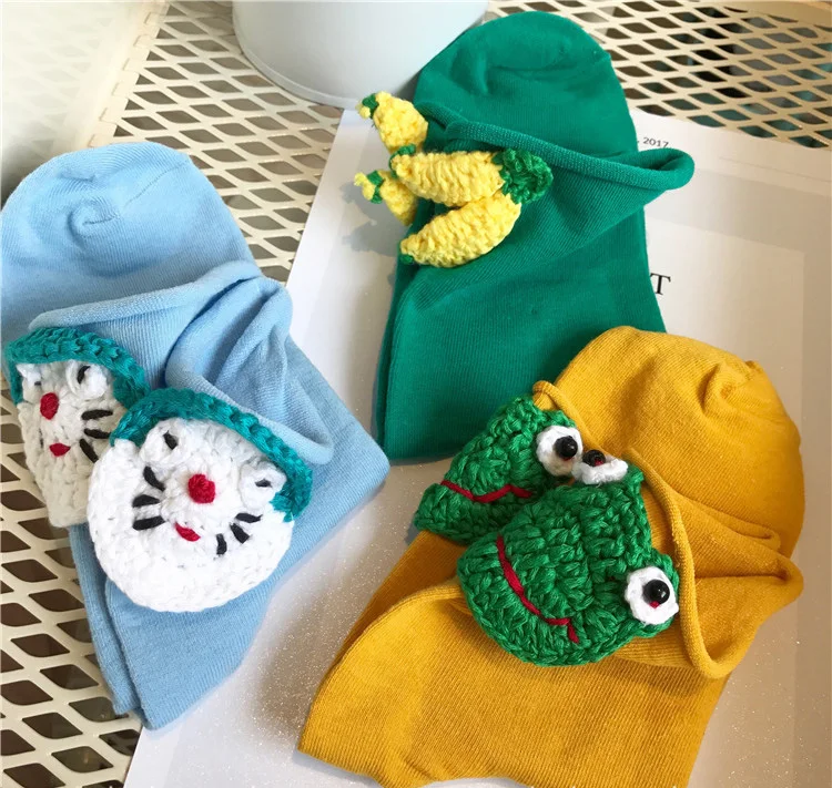 UNIKIWI.Women's Lovely Handmade Crochet Cartoon Frog Socks.Casual Ladies Girl's Cartoon Animals Candy Colors Short Socks Sox