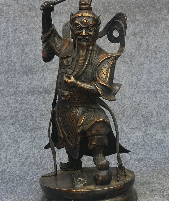 

18" Folk Old China Royal Bronze Guardian Warrior God 3 Eyes Wang TianJun Statue