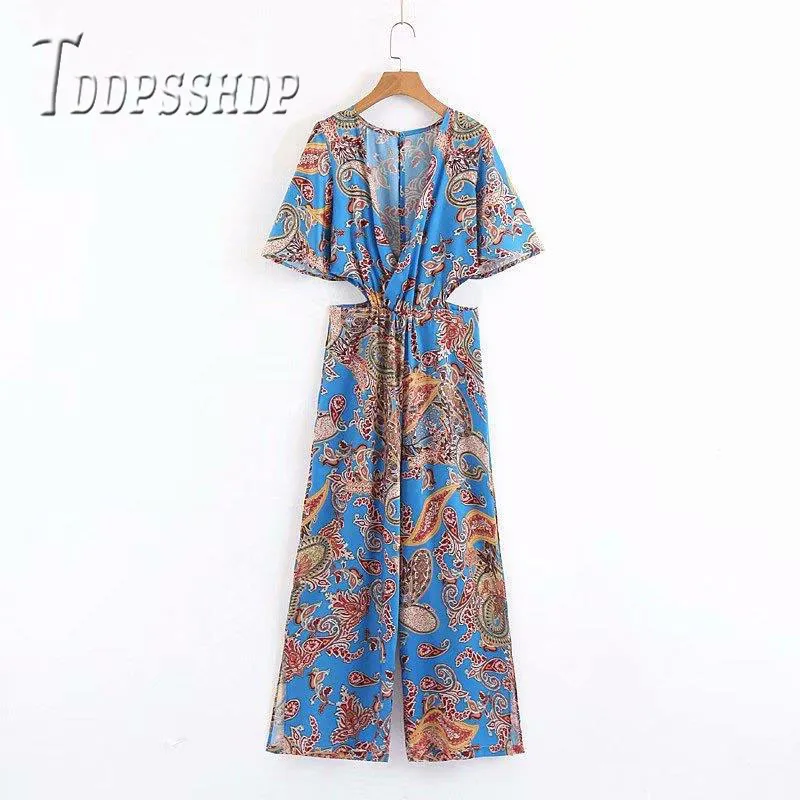 

2019 Hollow Waist Women Jumpsuit Short Sleeve Summer V Neck Female Playsuits
