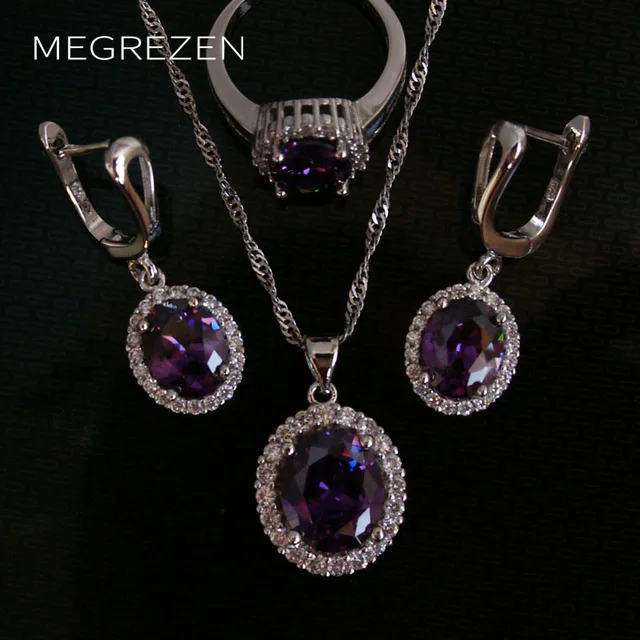 megrezen fashion zircon silver jewellery set statement necklace and