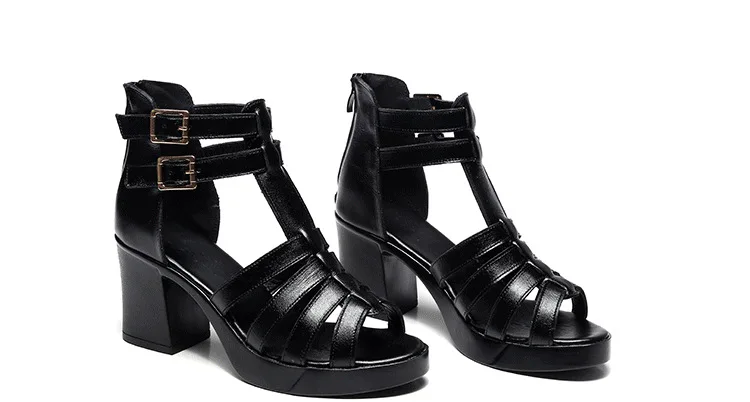 Летние босоножки женские в римском стиле, женские сандалии из натуральной кожи модные сандалии-гладиаторы на высоком каблуке Женская обувь черного цвета, размеры 35-41