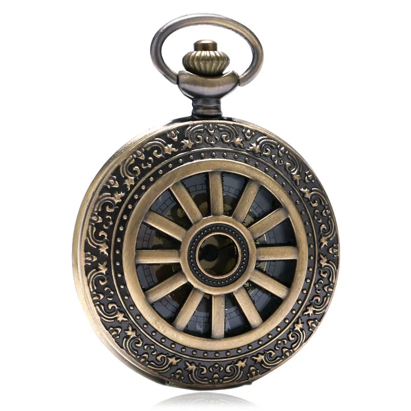 Antique Pocket Watch Hollow Bronze Carriage Wheel Cover Pendant Chain Retro Fob Watches Special Gifts for Boxing Day Birthdays (3)