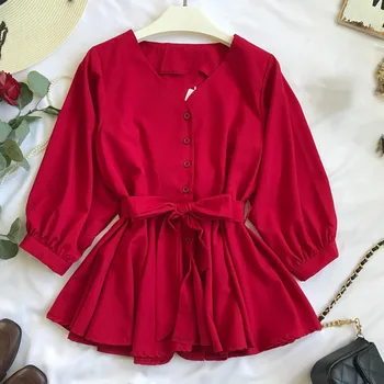

Women's Sashes V-Neck Pleated Shirt Top Long Lantern Sleeve Black White Feminine Blouse Summer Sweet Solid Tops Clothes Ladies