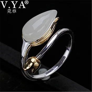

V.YA 925 Sterling Silver Ring Adjustable Silver Women Rings Semi-precious Stone Flower Jewelry Acessorios