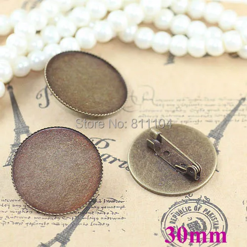 30mm Antique Bronze Plated Brass Blank Round Bezel Tray Caps Back Pins Brooch Bases Settings