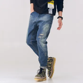 

Spring Summer Jeans Men Denim Bleached Hole Skinny Washed Pleated Straight Loose Blue Casual Solid Fashion Male Quality Wild