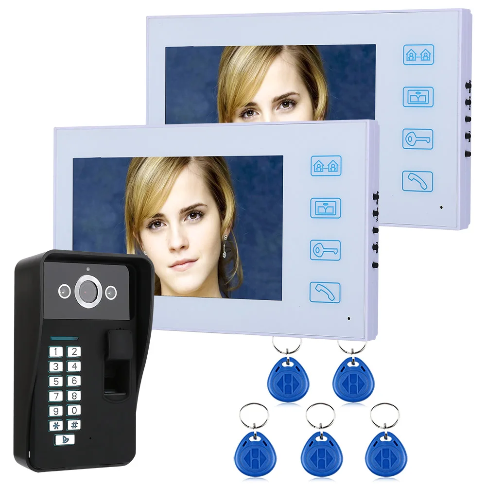 7\ TFT 2 Monitor Fingerprint Recognition RFID Password Video Door Phone Intercom Doorbell With Night Vision Security CCTV