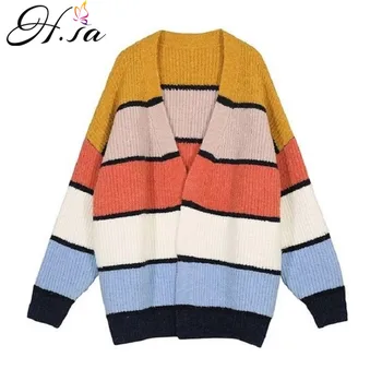 

HSA Autumn New 2018 Women Rainbow Cardigans and Poncho Wide Striped Loose Knit Jacket Coat V Neck Long Sweater Cardigans jumper