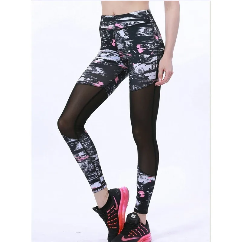 

New Gym Elastic Pants Patchwork Mesh Leggings Women High Waist Yoga Running Print Tight Legging Push Up Slim Fitness Trousers