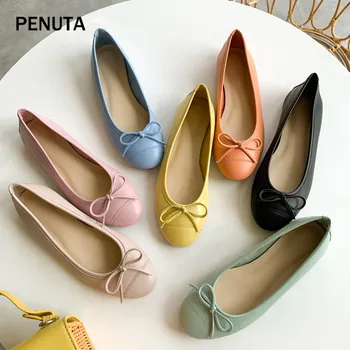 

2019 PENUTA Women Sheepskin Leather Casual Shoes Ballet Flats Single Shoes Women's Leather Bow Design Bow Tie Moccasins PF925