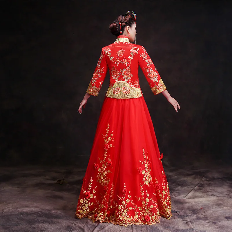 Handmade Embroidery Women Oriental Style Qipao Royal Bride Red Wedding Dress Chinese Marriage Cheongsam Suit Toast Clothes