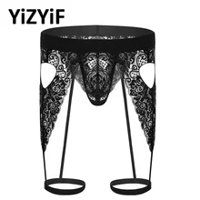 Swimwear Men Bikini Thong Underwear Lingerie See Through Lace Open Butt Bulge Pouch Cutout Heart G-string with Leg Garters Band