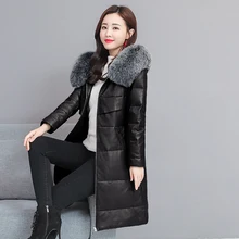 HANZANGL овчина пуховик зима Для женщин лисий мех кожаная куртка с капюшоном женский теплый толстый длинный пуховик