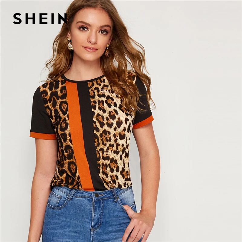  SHEIN Color Block Cut-and-Sew Leopard Panel Top Short Sleeve O-Neck Casual T Shirt Women 2019 Summe