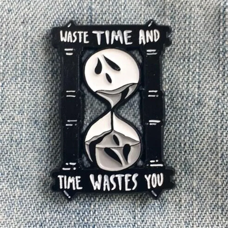 

Funny Hurglass Enamel Pin Time Waste brooch Lapel pin Denim Jeans shirt bag Sad Face jewelry gift for friends