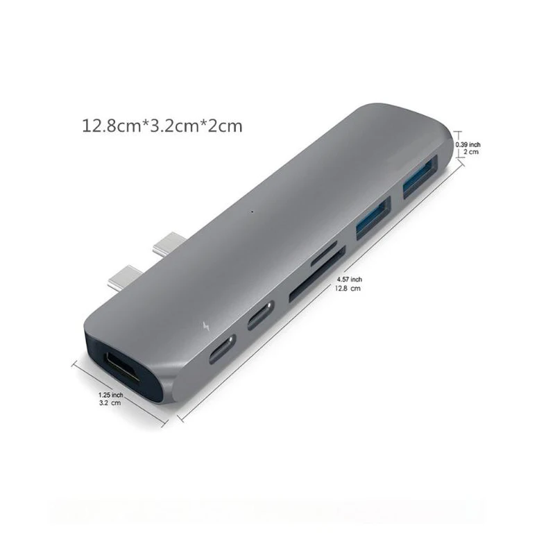 7 in 1 USB 3.1 Dual Type-C To USB3.0 HUB+ SD / TF Card Reader+ USB-C Data+ USB-C Thunderbolt 3+ HDMI 4K for MacBook 3D25 - Цвет: Серый