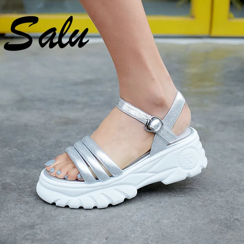 

Salu Fashion Platform Women Sandals 2019 High Quality Kid Leather Party Casual Shoes Buckle Round Toe Shoes Woman