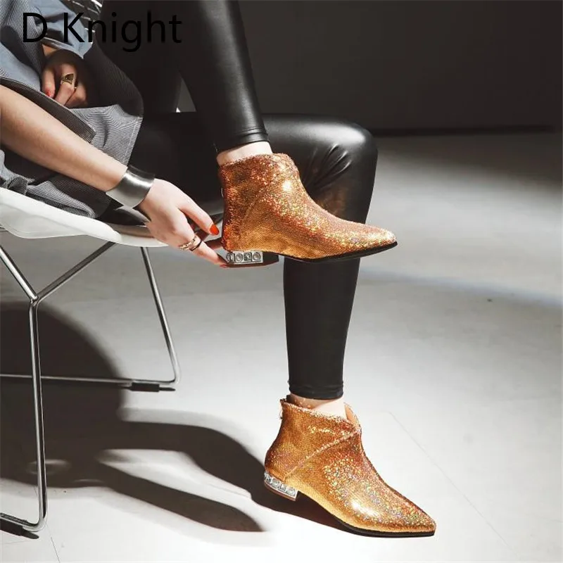 Plus Size 32-43 Women's Chelsea Boots Autumn Winter 2018 New Ankle Boots For Women Rhinestones Comfortable Sequins Ladies Shoes (21)