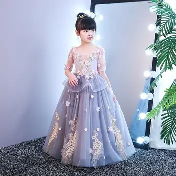 

Kids Girl Appliques Gauze Princess Dress Teenage Girls Backless Pearl Dress Children Mesh Wedding Birthday Party Vestidos Q123