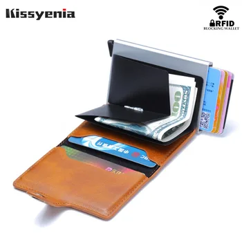 

Kissyenia 2018 New Rfid Protection Men Credit Card Holder Leather Aluminum Wallet Vintage Slim Mini Business ID Card Case KS1312