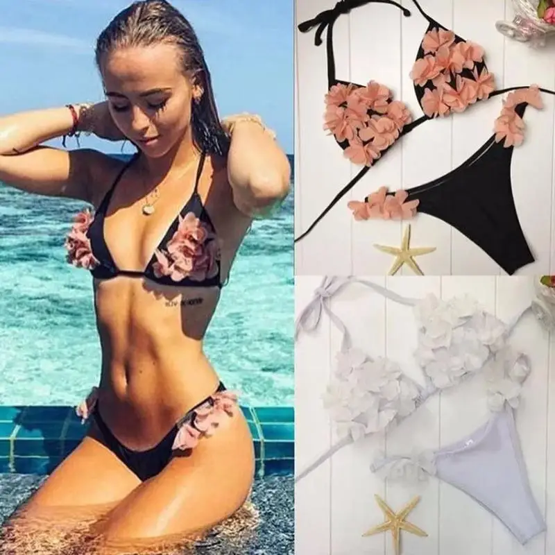 

Sexy Women Swimwear Bikini Set Patchwork 3D Flower Padded Halter Bandage Two-Piece Suits BeachWear Vacation Swimsuit S-XL