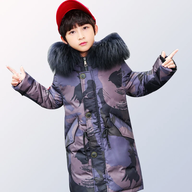 

2018 boys down jacket long children's jacket jacket warm youth suit winter jacket fur hooded large size 6 8 10 12 14 years