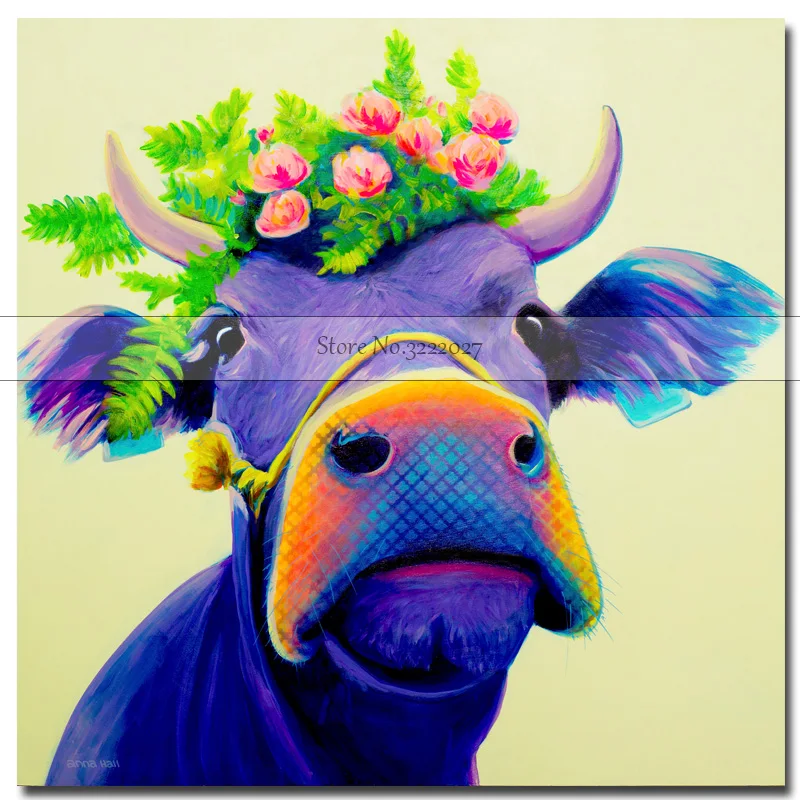 Free-Shipping-Skills-Artist-printed-High-Quality-Abstract-Animal-blue-Cow-Oil-Painting-Art-Painting-For