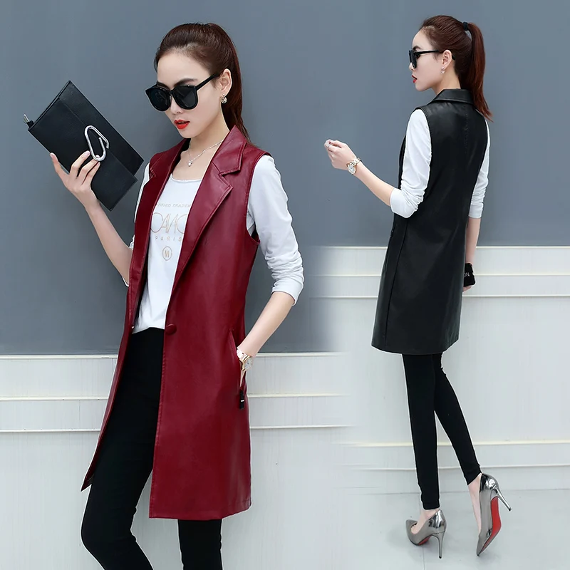 

Spring and Autumn 2019 new Korean Slim women's suit collar PU leather long vest large size waistcoat jacket TB18206