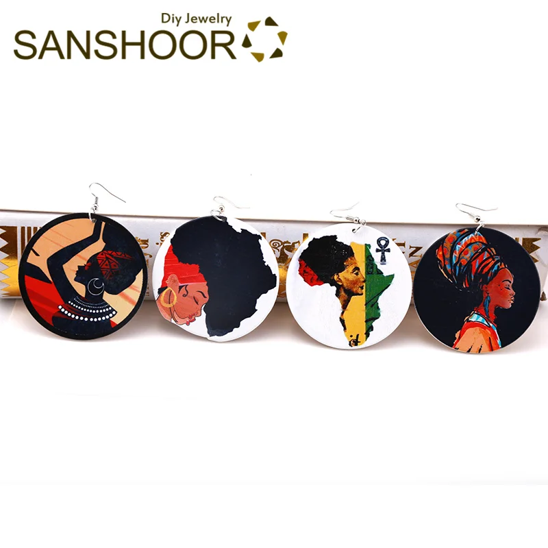 

SANSHOOR Printing African Queen Wooden Drop Earrings Bohemia Afro Map Ankh Woman Headwrap Jewelry 6cm Diameter 6Pairs/lot