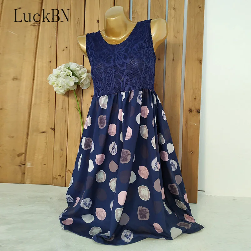 

Women's Polka Dot Print Dress Casual Blue White Lace Stitching Sleeveless O Neck Dress Plus Size 5XL Sundress Vestidos Sweet Hot