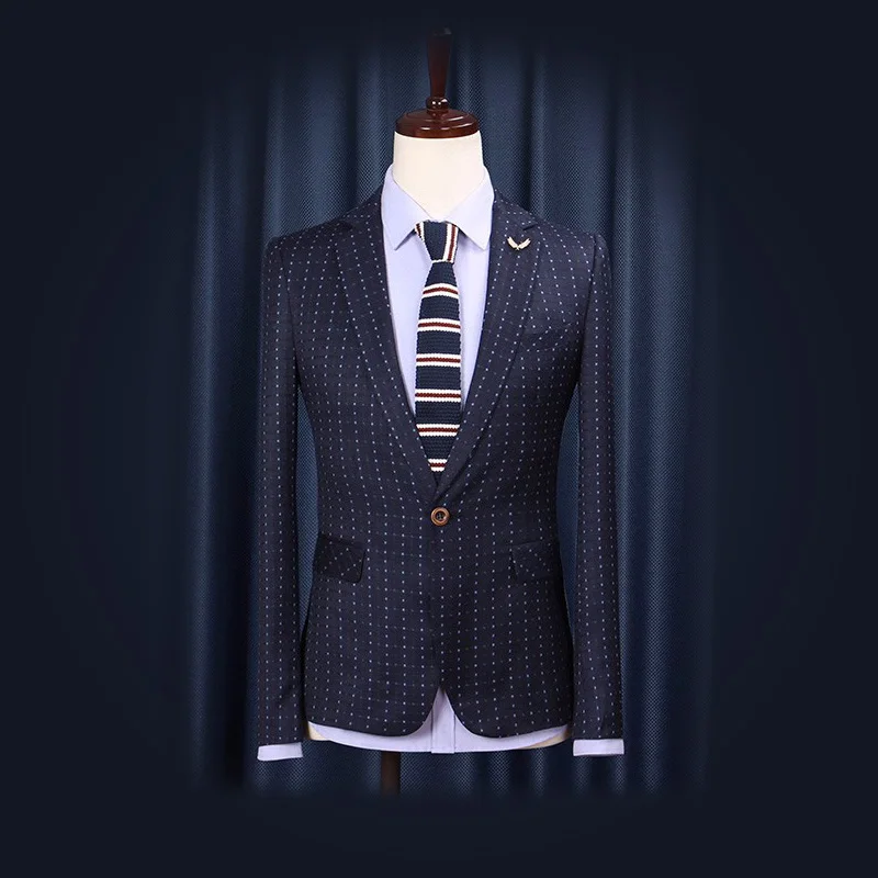 Весенне-осенний мужской костюм синий корейский стиль Тонкий клетчатый Повседневный блейзер для отдыха модное мужское пальто
