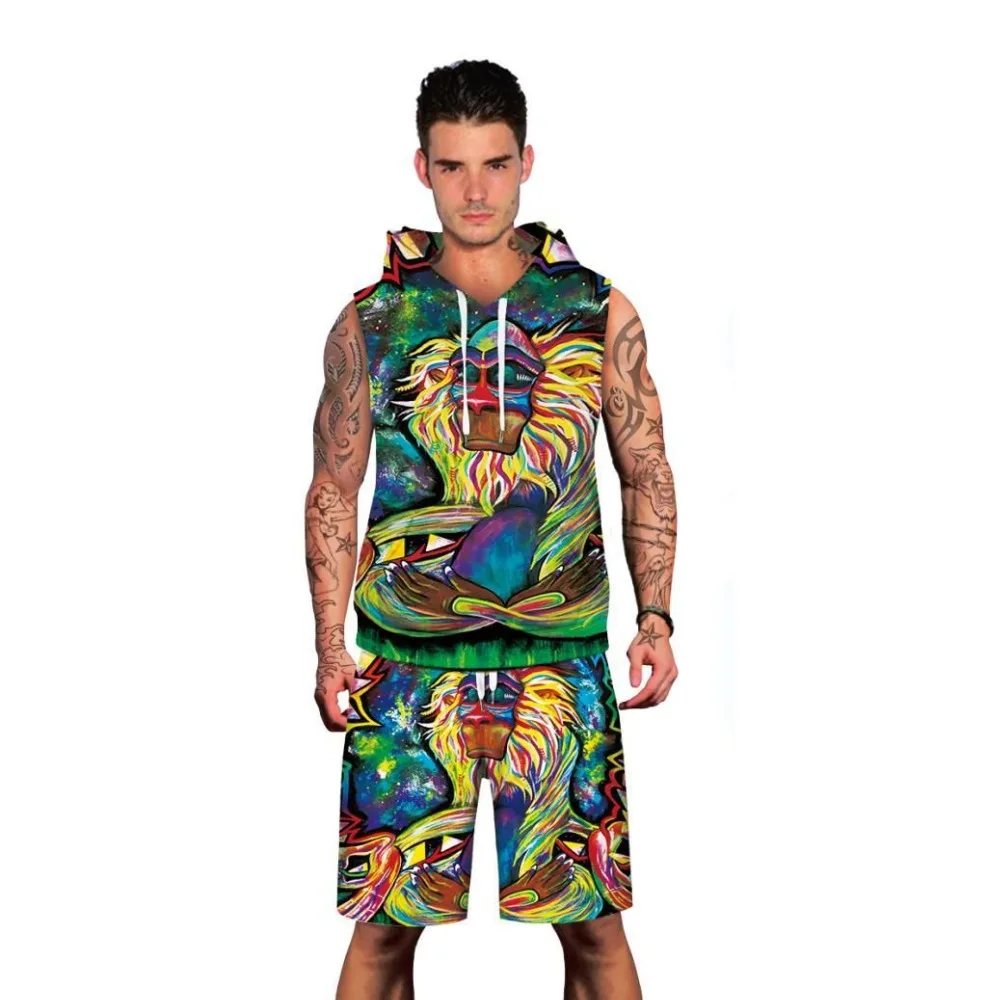 Tracksuits Men Sleeveless Hoodies Men Set Hip Hop Harajuku Sweatshirts 3D Print Loose Thin Unisex Hooded Tops Pullovers shorts