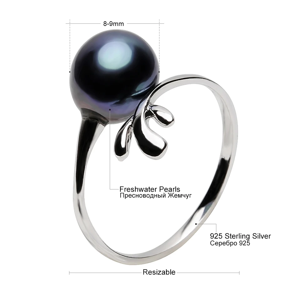 Винтажное 925 пробы Серебряное кольцо с черным жемчугом для женщин, вечерние ювелирные изделия, подарки 8-9 мм, кольца из пресноводного жемчуга, FEIGE