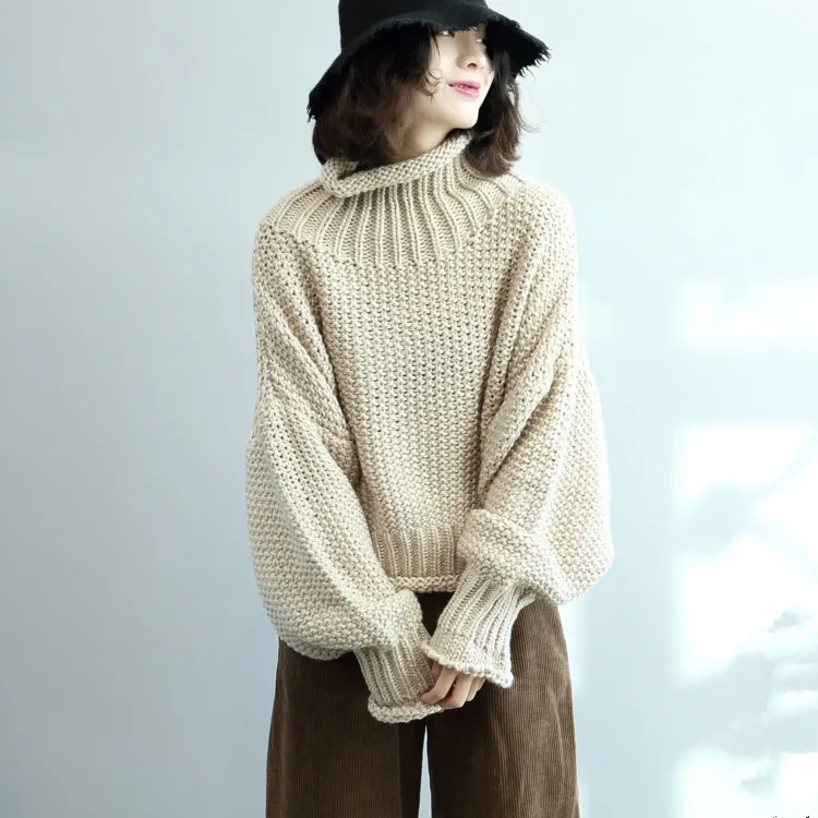 

2019 winter new plus size women sweaters and pullovers turtleneck solid loose lantern sleeved knitted lady pulls outwear coats
