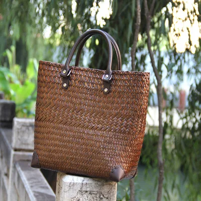 

Top-handle Women Tote Straw Bag For Women Geometric Handmade Woven Basket Big Capacity Casual Tote Females Vintage Handbags 2018