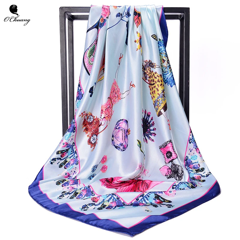 

O CHUANG Head Scarf 90*90cm Fashion Women foulard Satin Shawl Scarfs Big Size Square silk Hair Scarves for sleeping Bandana